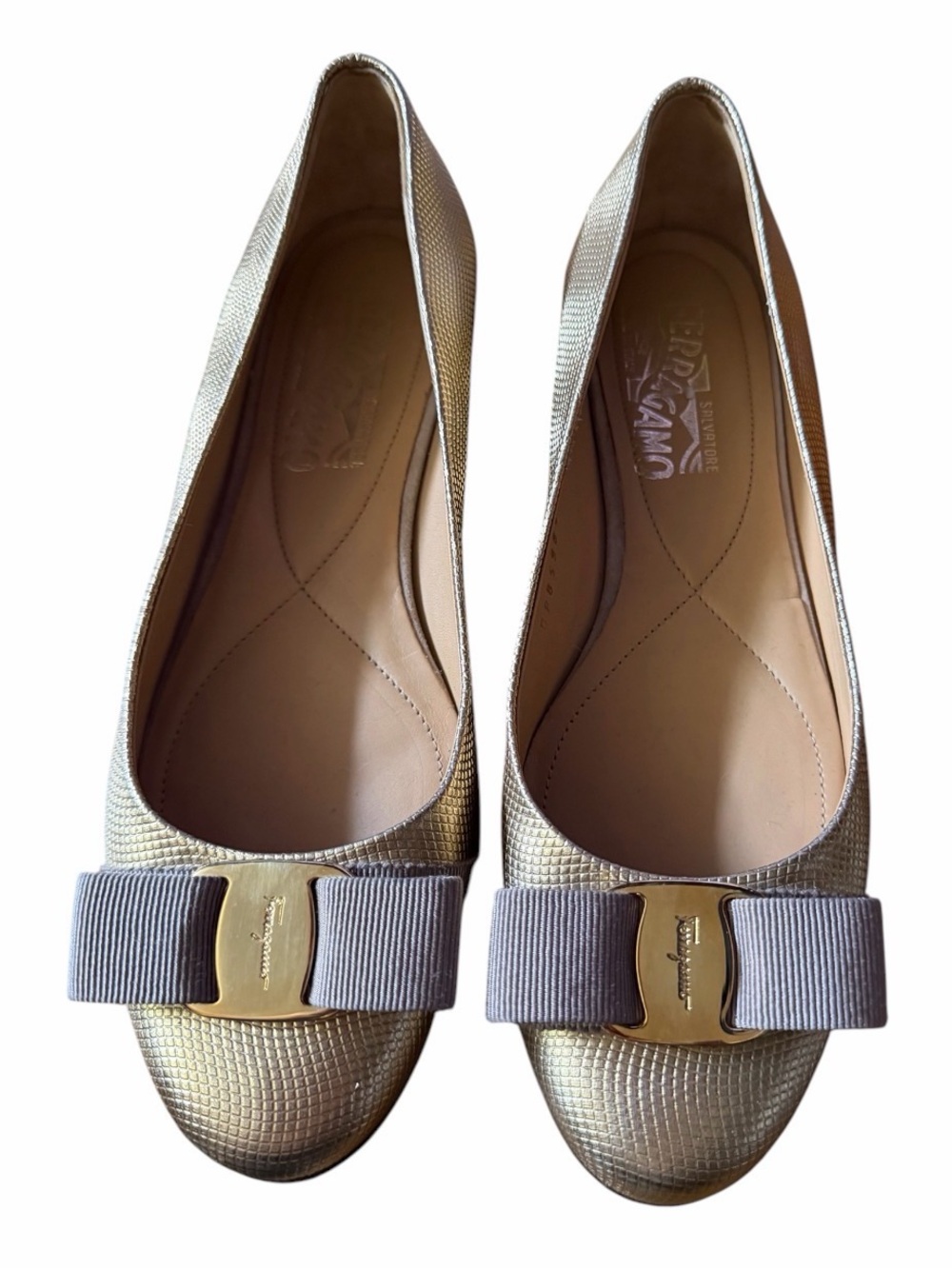 Salvatore Ferragamo Metallic Gold Varina  Bow  Woman’s Flats